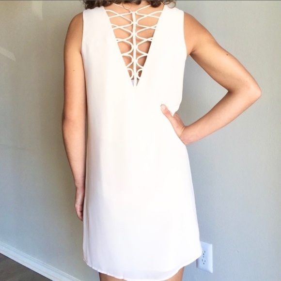 NWT Caged Back Slip Dress Tank Swing Mini Midi Openback Sleeveless Neutral Cream - Picture 6 of 9